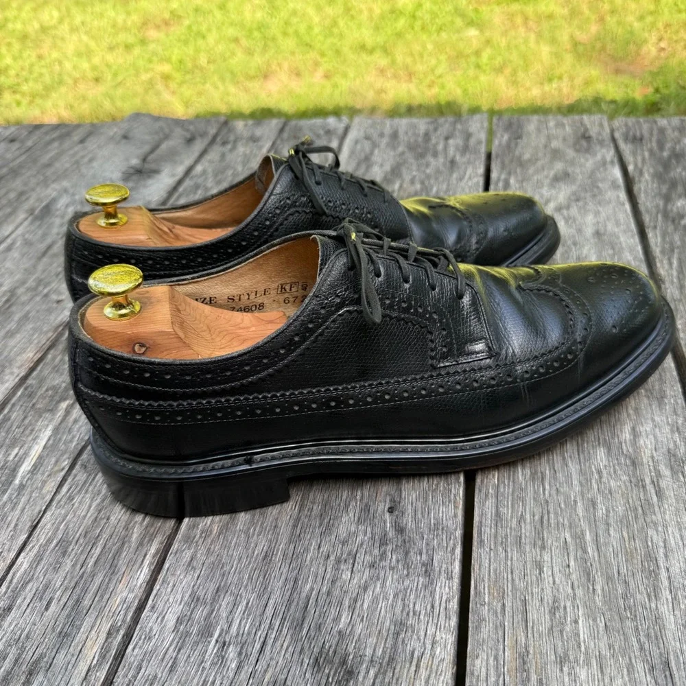 VTG Sears Mens Black Leather Longwing Brogue Derby Shoes 11 D 74608-672 Wingtip